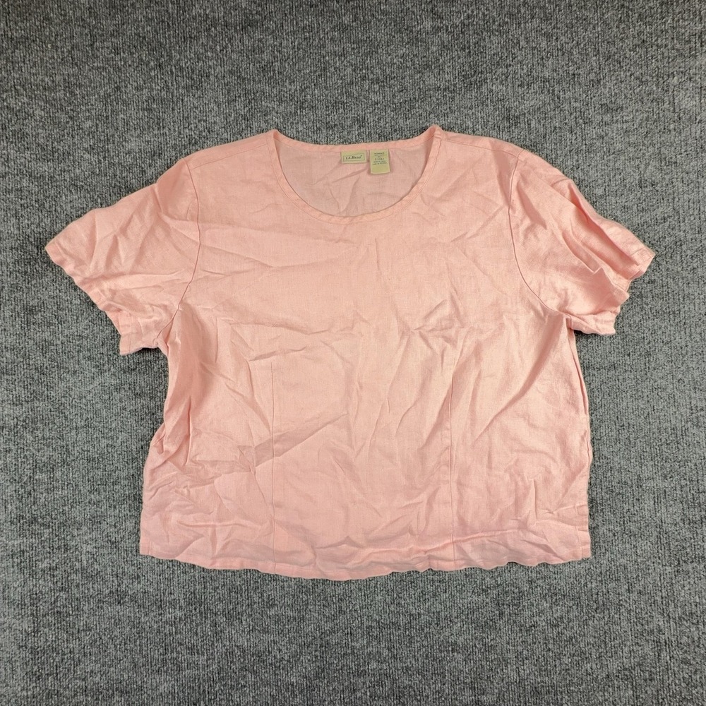 VTG L.L. Bean Blouse Womens XL Pink 100% Linen Short Sleeve Crew Neck Top Casual
